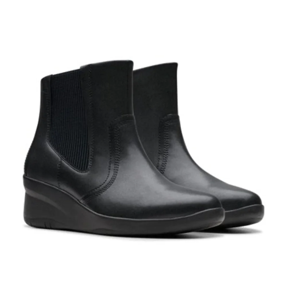 Clarks Suttyn Rae Black Leather Wedge Ankle Boots Womens 9 M‎ 261801384065